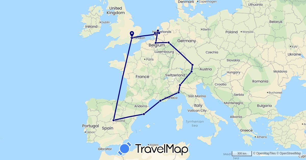 TravelMap itinerary: driving in Austria, Belgium, Germany, Spain, France, United Kingdom, Italy, Netherlands (Europe)